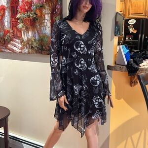 Gothic Black Jagged hem Skull & Bones bell sleeve S dress goth  nwt